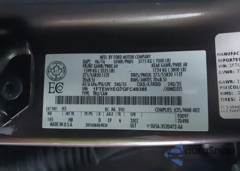 2016 Ford F-150 Lariat from USA, damaged, VIN 1FTEW1EG7GFC49385